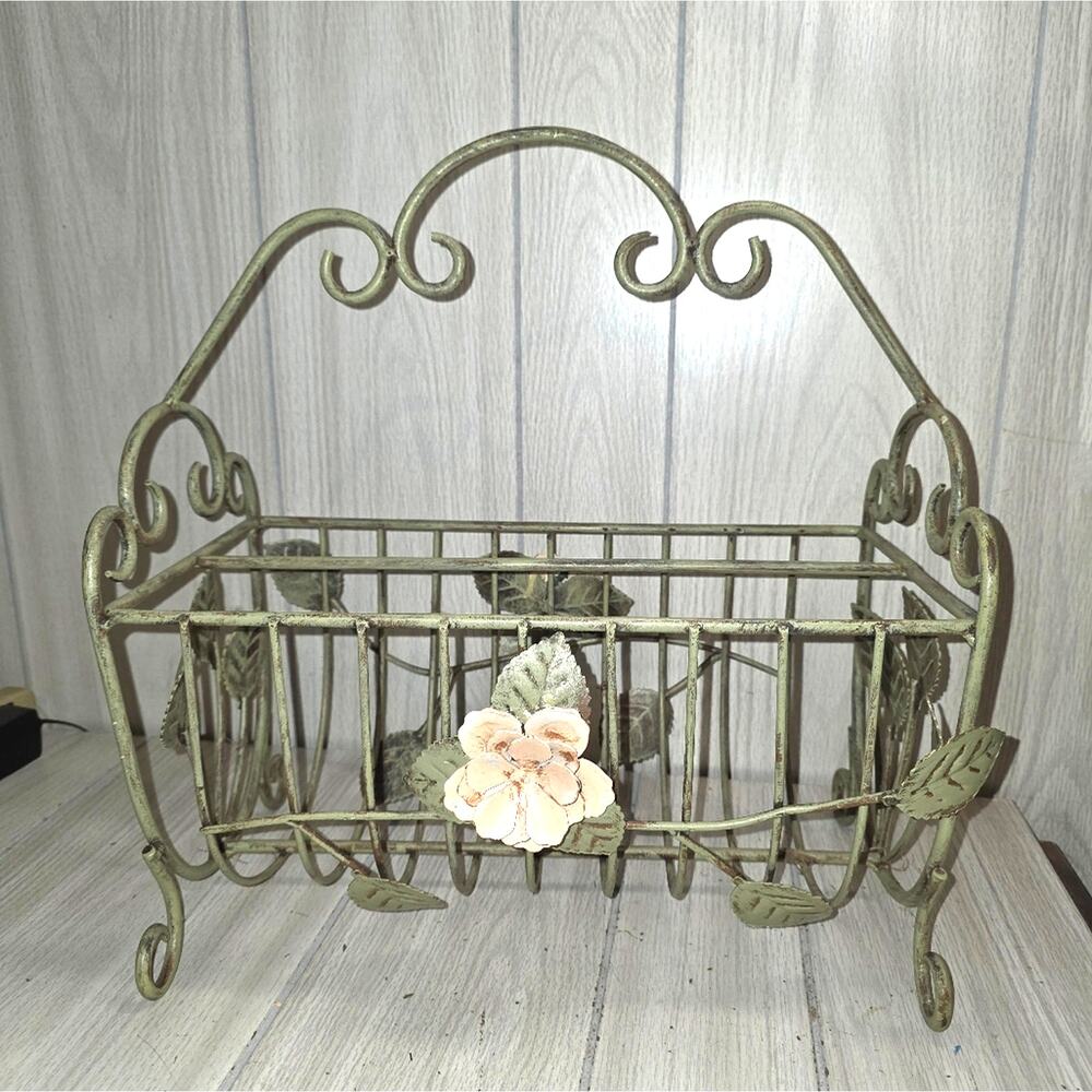 Vtg Magazine Rack White Wrought Iron Pink Metal Flower Storage Bin Coquette